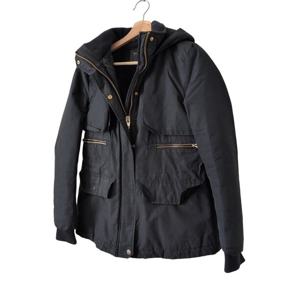 Zara Basic Outerwear Parka Hooded Black Coat with Gold Accents Womens Small - Picture 3 of 10